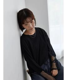 Samansa Mos2 blue | チュール袖シアーロンT(Tシャツ/カットソー)