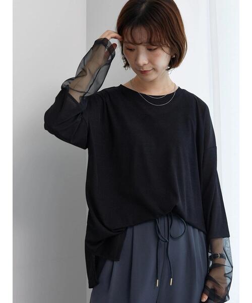 Samansa Mos2 blue（サマンサモスモスブルー）の「チュール袖シアーロンT（Tシャツ/カットソー・レディース・イエロー/オフホワイト/ブラック・F）」の11枚目の写真