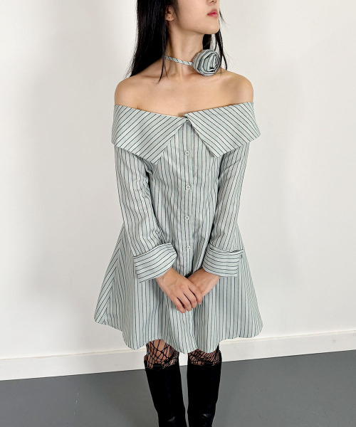 春夏おすすめ♪ゆったりストライプシャツワンピース　オフショルダー　女子会デート 楽天市場】ストライプシャツワンピース ワンピース レディース
