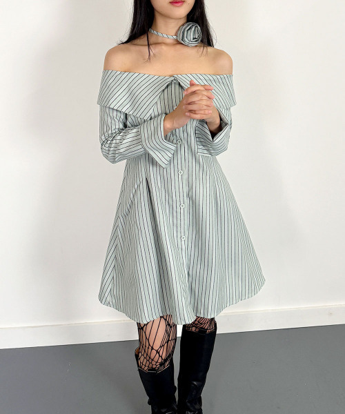 超美品 KIMIJIMA BOUTIQUE フリル ストライプ シャツワンピース osharewalker ワンピース レディース 半袖 シャツワンピ