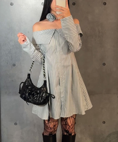 セール】ストライプ オフショルダー ワンピース シャツ
