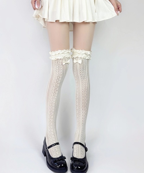 Lace Ladies（レースレディース）の「【3足セット】選べる丈2タイプ フリル リボン フレンチ レース クルー ハイソックス（ソックス/靴下・レディース・ブラック系1/アイボリー系1/ホワイト系1/ホワイト系2/アイボリー系2/ブラック系2・FREE）」の6枚目の写真