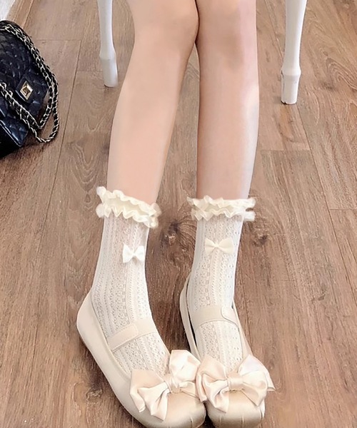 Lace Ladies（レースレディース）の「【3足セット】選べる丈2タイプ フリル リボン フレンチ レース クルー ハイソックス（ソックス/靴下・レディース・ブラック系1/アイボリー系1/ホワイト系1/ホワイト系2/アイボリー系2/ブラック系2・FREE）」の9枚目の写真