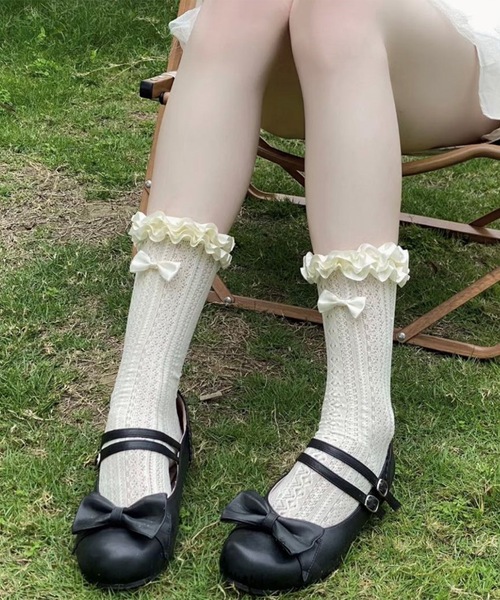 Lace Ladies（レースレディース）の「【3足セット】選べる丈2タイプ フリル リボン フレンチ レース クルー ハイソックス（ソックス/靴下・レディース・ブラック系1/アイボリー系1/ホワイト系1/ホワイト系2/アイボリー系2/ブラック系2・FREE）」の10枚目の写真