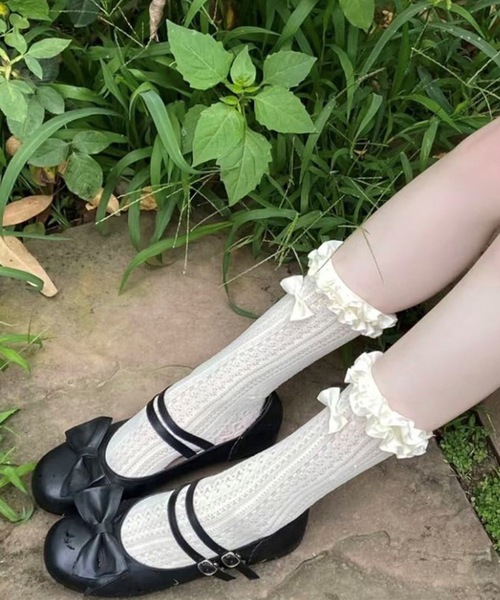 Lace Ladies（レースレディース）の「【3足セット】選べる丈2タイプ フリル リボン フレンチ レース クルー ハイソックス（ソックス/靴下・レディース・ブラック系1/アイボリー系1/ホワイト系1/ホワイト系2/アイボリー系2/ブラック系2・FREE）」の11枚目の写真