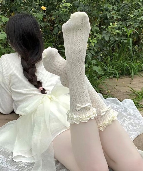 Lace Ladies（レースレディース）の「【3足セット】選べる丈2タイプ フリル リボン フレンチ レース クルー ハイソックス（ソックス/靴下・レディース・ブラック系1/アイボリー系1/ホワイト系1/ホワイト系2/アイボリー系2/ブラック系2・FREE）」の13枚目の写真