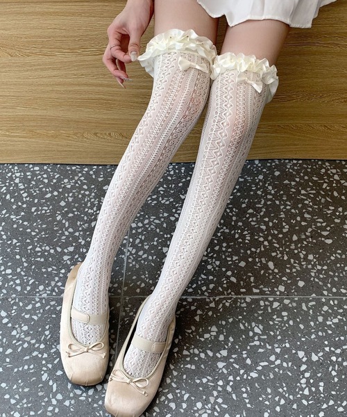 Lace Ladies（レースレディース）の「【3足セット】選べる丈2タイプ フリル リボン フレンチ レース クルー ハイソックス（ソックス/靴下・レディース・ブラック系1/アイボリー系1/ホワイト系1/ホワイト系2/アイボリー系2/ブラック系2・FREE）」の15枚目の写真