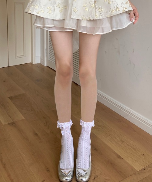 Lace Ladies（レースレディース）の「【3足セット】選べる丈2タイプ フリル リボン フレンチ レース クルー ハイソックス（ソックス/靴下・レディース・ブラック系1/アイボリー系1/ホワイト系1/ホワイト系2/アイボリー系2/ブラック系2・FREE）」の16枚目の写真