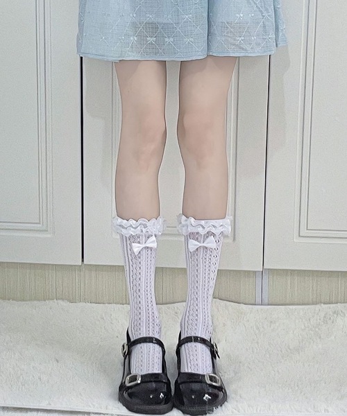 Lace Ladies（レースレディース）の「【3足セット】選べる丈2タイプ フリル リボン フレンチ レース クルー ハイソックス（ソックス/靴下・レディース・ブラック系1/アイボリー系1/ホワイト系1/ホワイト系2/アイボリー系2/ブラック系2・FREE）」の17枚目の写真