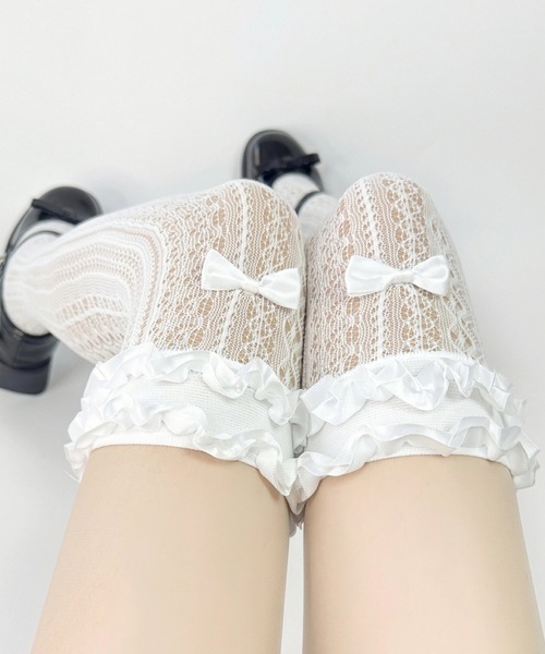 Lace Ladies（レースレディース）の「【3足セット】選べる丈2タイプ フリル リボン フレンチ レース クルー ハイソックス（ソックス/靴下・レディース・ブラック系1/アイボリー系1/ホワイト系1/ホワイト系2/アイボリー系2/ブラック系2・FREE）」の18枚目の写真