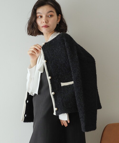 セール】《美人百花掲載》ブークレ配色ニットカーディガン【洗濯機洗い