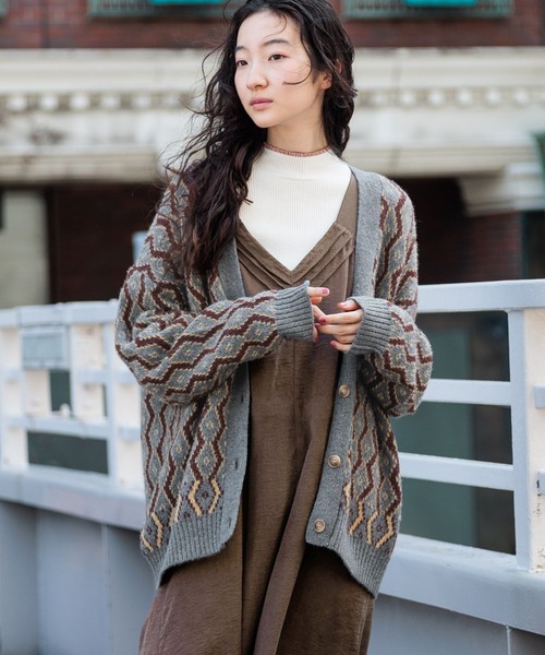 niko and...（ニコアンド）の「レトロキカガラVカーディガン（カーディガン/ボレロ・レディース・カーキ/ライトブルー/モカ・FREE）」の3枚目の写真