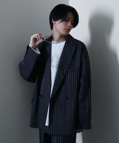 オーバー ピンストライプ ダブル テーラード ジャケット【セットアップ