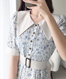 【mily bilet】レトロにときめく♪夏のヒロイン 小花柄ベルト付きビッグカラーワンピース(ロング丈)