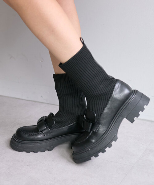 OLIVE des OLIVE（オリーブデオリーブ）の「【SNSで話題の！】リブニットリボンローファーショートブーツ（その他シューズ・レディース・ブラック・SMALL/MEDIUM/LARGE）」の10枚目の写真