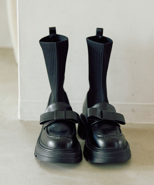 OLIVE des OLIVE（オリーブデオリーブ）の「【SNSで話題の！】リブニットリボンローファーショートブーツ（その他シューズ・レディース・ブラック・SMALL/MEDIUM/LARGE）」の15枚目の写真