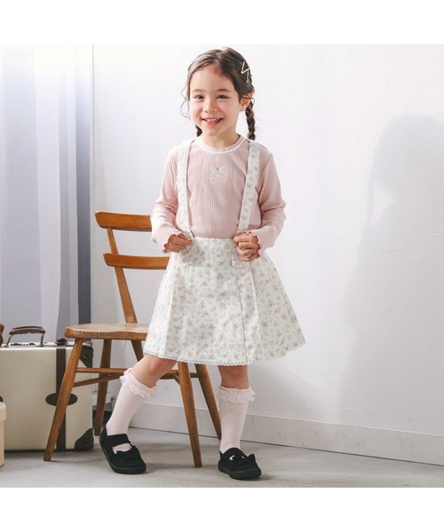 SLAP SLIP（スラップスリップ）の「花柄ツイルデニムサスペンダー付き裾レーススカパン(90~130cm)（スカート・キッズ・ホワイト系その他2/ネイビー/ベージュ・90cm/110cm/100cm/120cm/130cm）」の4枚目の写真