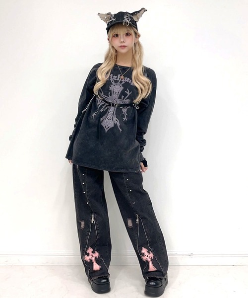 スタッズピンク十字架デニムパンツ（デニムパンツ）｜Diable baiser
