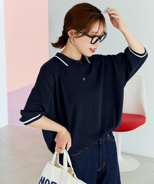 FREAK'S STORE(フリークスストア)の「限定展開 サマーニット ライン 半袖 ポロシャツ(接触冷感・ハンドウォッシャブル)(ポロシャツ・レディース・ピンク/ベージュ/ネイビー/ブラック/ナチュラル・フリ-)」の4枚目の写真