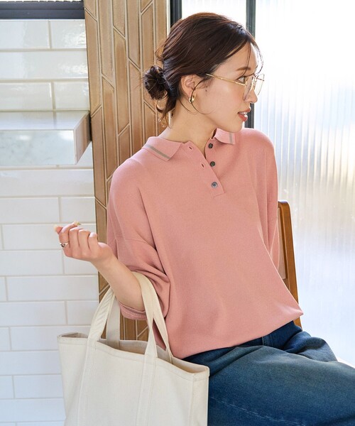 FREAK'S STORE(フリークスストア)の「限定展開 サマーニット ライン 半袖 ポロシャツ(接触冷感・ハンドウォッシャブル)(ポロシャツ・レディース・ピンク/ベージュ/ネイビー/ブラック/ナチュラル・フリ-)」の5枚目の写真