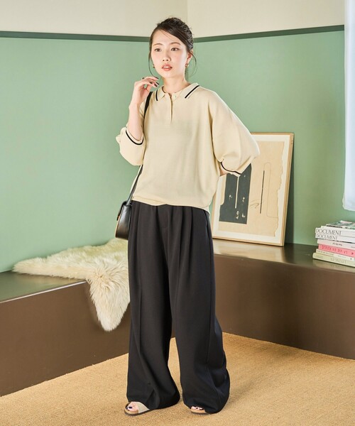 FREAK'S STORE(フリークスストア)の「限定展開 サマーニット ライン 半袖 ポロシャツ(接触冷感・ハンドウォッシャブル)(ポロシャツ・レディース・ピンク/ベージュ/ネイビー/ブラック/ナチュラル・フリ-)」の6枚目の写真