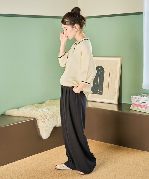 FREAK'S STORE(フリークスストア)の「限定展開 サマーニット ライン 半袖 ポロシャツ(接触冷感・ハンドウォッシャブル)(ポロシャツ・レディース・ピンク/ベージュ/ネイビー/ブラック/ナチュラル・フリ-)」の8枚目の写真