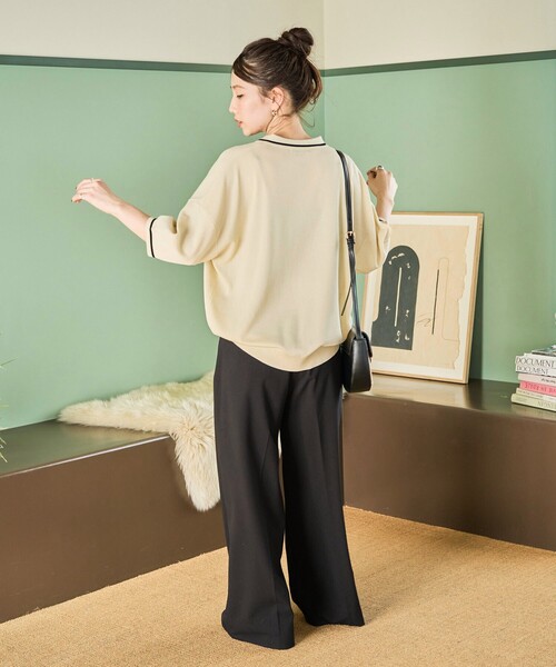 FREAK'S STORE(フリークスストア)の「限定展開 サマーニット ライン 半袖 ポロシャツ(接触冷感・ハンドウォッシャブル)(ポロシャツ・レディース・ピンク/ベージュ/ネイビー/ブラック/ナチュラル・フリ-)」の9枚目の写真