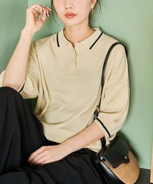 FREAK'S STORE(フリークスストア)の「限定展開 サマーニット ライン 半袖 ポロシャツ(接触冷感・ハンドウォッシャブル)(ポロシャツ・レディース・ピンク/ベージュ/ネイビー/ブラック/ナチュラル・フリ-)」の11枚目の写真