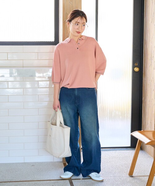 FREAK'S STORE(フリークスストア)の「限定展開 サマーニット ライン 半袖 ポロシャツ(接触冷感・ハンドウォッシャブル)(ポロシャツ・レディース・ピンク/ベージュ/ネイビー/ブラック/ナチュラル・フリ-)」の14枚目の写真