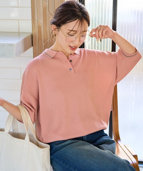 FREAK'S STORE(フリークスストア)の「限定展開 サマーニット ライン 半袖 ポロシャツ(接触冷感・ハンドウォッシャブル)(ポロシャツ・レディース・ピンク/ベージュ/ネイビー/ブラック/ナチュラル・フリ-)」の17枚目の写真