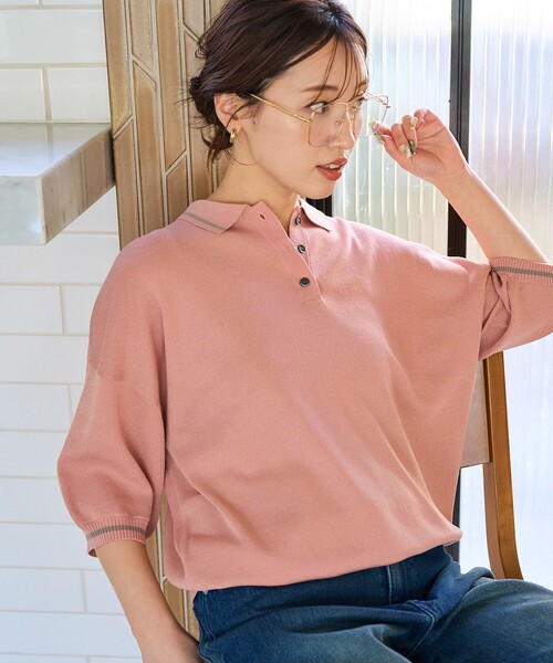 FREAK'S STORE(フリークスストア)の「限定展開 サマーニット ライン 半袖 ポロシャツ(接触冷感・ハンドウォッシャブル)(ポロシャツ・レディース・ピンク/ベージュ/ネイビー/ブラック/ナチュラル・フリ-)」の19枚目の写真