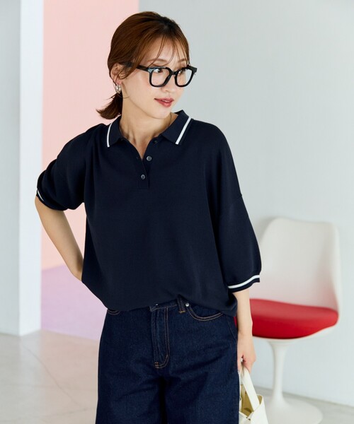 FREAK'S STORE(フリークスストア)の「限定展開 サマーニット ライン 半袖 ポロシャツ(接触冷感・ハンドウォッシャブル)(ポロシャツ・レディース・ピンク/ベージュ/ネイビー/ブラック/ナチュラル・フリ-)」の22枚目の写真