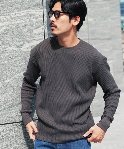 jiggys shop(ジギーズショップ)の「ワッフル編み サーマル クルーネック ロンT カットソー(Tシャツ/カットソー・メンズ・ブラック/アイボリー/ピンク系その他/チャコールグレー/ホワイト・MEDIUM/X-LARGE/LARGE)」の4枚目の写真