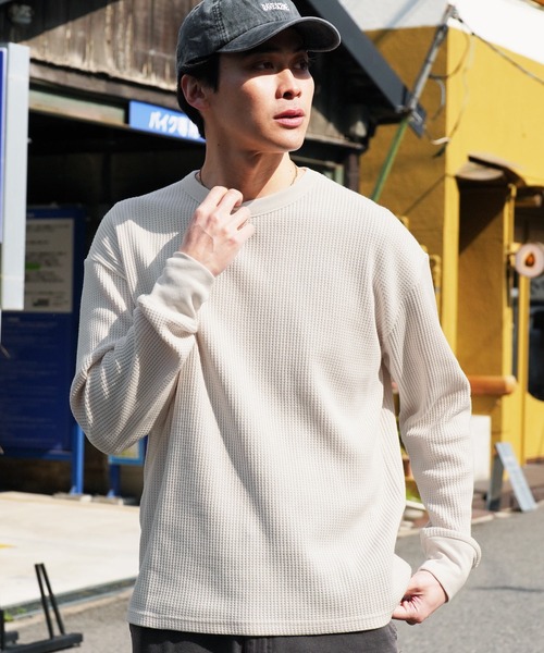 jiggys shop(ジギーズショップ)の「ワッフル編み サーマル クルーネック ロンT カットソー(Tシャツ/カットソー・メンズ・ブラック/アイボリー/ピンク系その他/チャコールグレー/ホワイト・MEDIUM/X-LARGE/LARGE)」の1枚目の写真