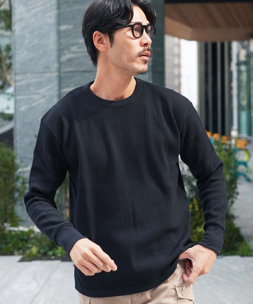 jiggys shop(ジギーズショップ)の「ワッフル編み サーマル クルーネック ロンT カットソー(Tシャツ/カットソー・メンズ・ブラック/アイボリー/ピンク系その他/チャコールグレー/ホワイト・MEDIUM/X-LARGE/LARGE)」の3枚目の写真