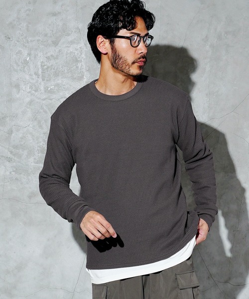 jiggys shop(ジギーズショップ)の「ワッフル編み サーマル クルーネック ロンT カットソー(Tシャツ/カットソー・メンズ・ブラック/アイボリー/ピンク系その他/チャコールグレー/ホワイト・MEDIUM/X-LARGE/LARGE)」の11枚目の写真
