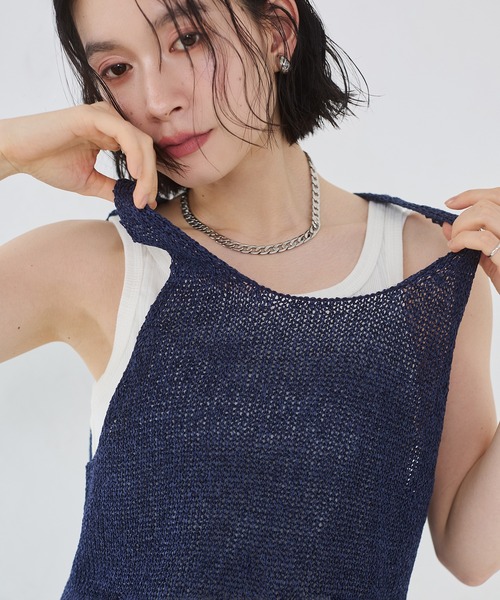 hunch（ハンチ）の「ペーパーヤーン オーバーニットタンクトップ（タンクトップ・レディース・ネイビー/ベージュ/ブルーグレー・FREE）」の3枚目の写真