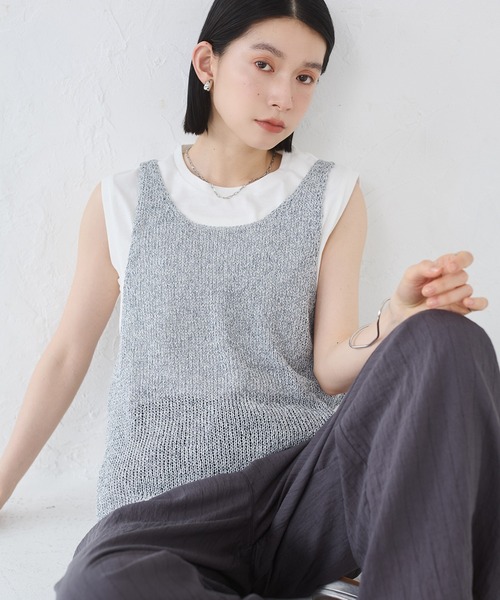 hunch（ハンチ）の「ペーパーヤーン オーバーニットタンクトップ（タンクトップ・レディース・ネイビー/ベージュ/ブルーグレー・FREE）」の2枚目の写真