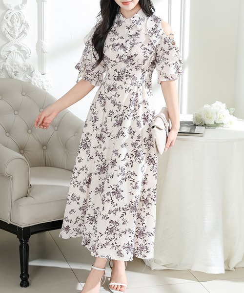 Lace Ladies(レースレディース)の「フラワー プリント 袖コンシャス 半袖 ワンピース(ワンピース・レディース・ラベンダー/アイボリー/ブラック・S/FREE)」の3枚目の写真