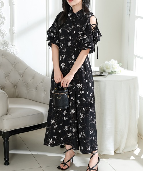 Lace Ladies(レースレディース)の「フラワー プリント 袖コンシャス 半袖 ワンピース(ワンピース・レディース・ラベンダー/アイボリー/ブラック・S/FREE)」の4枚目の写真