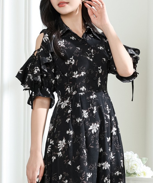 Lace Ladies(レースレディース)の「フラワー プリント 袖コンシャス 半袖 ワンピース(ワンピース・レディース・ラベンダー/アイボリー/ブラック・S/FREE)」の5枚目の写真