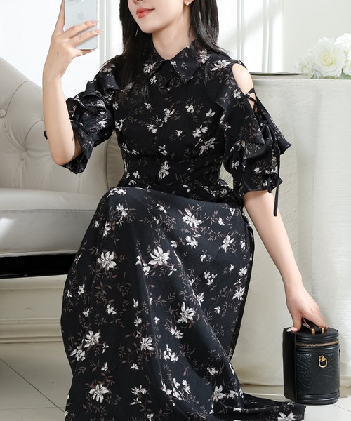 Lace Ladies(レースレディース)の「フラワー プリント 袖コンシャス 半袖 ワンピース(ワンピース・レディース・ラベンダー/アイボリー/ブラック・S/FREE)」の6枚目の写真