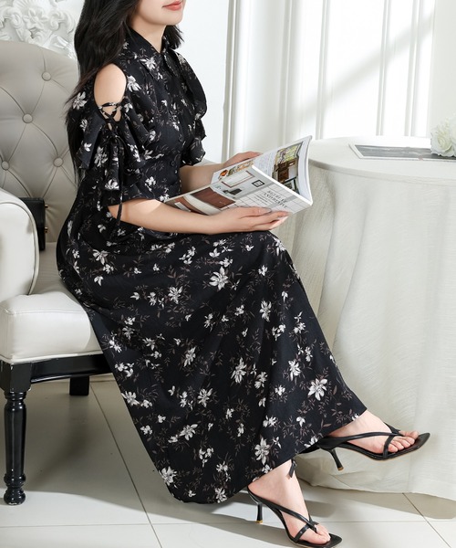 Lace Ladies(レースレディース)の「フラワー プリント 袖コンシャス 半袖 ワンピース(ワンピース・レディース・ラベンダー/アイボリー/ブラック・S/FREE)」の7枚目の写真