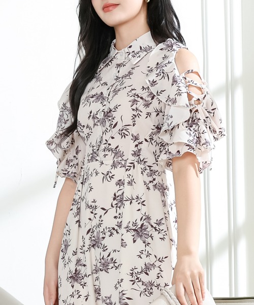Lace Ladies(レースレディース)の「フラワー プリント 袖コンシャス 半袖 ワンピース(ワンピース・レディース・ラベンダー/アイボリー/ブラック・S/FREE)」の10枚目の写真