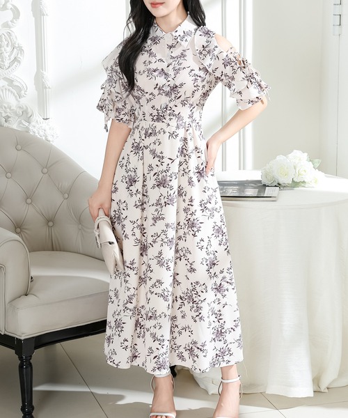 Lace Ladies(レースレディース)の「フラワー プリント 袖コンシャス 半袖 ワンピース(ワンピース・レディース・ラベンダー/アイボリー/ブラック・S/FREE)」の11枚目の写真