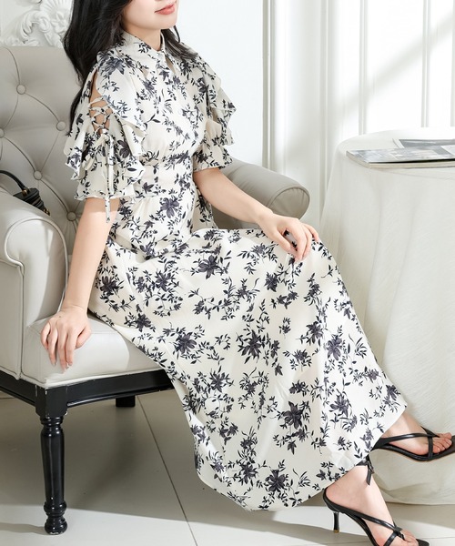 Lace Ladies(レースレディース)の「フラワー プリント 袖コンシャス 半袖 ワンピース(ワンピース・レディース・ラベンダー/アイボリー/ブラック・S/FREE)」の18枚目の写真