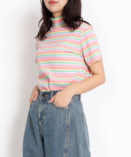 PUNYUS（プニュズ）の「マルチボーダーハイネックリブＴシャツ（Tシャツ/カットソー・レディース・ブルー/グリーン/ピンク・1/2/3/4）」の9枚目の写真