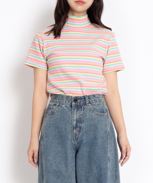 PUNYUS（プニュズ）の「マルチボーダーハイネックリブＴシャツ（Tシャツ/カットソー・レディース・ブルー/グリーン/ピンク・1/2/3/4）」の10枚目の写真
