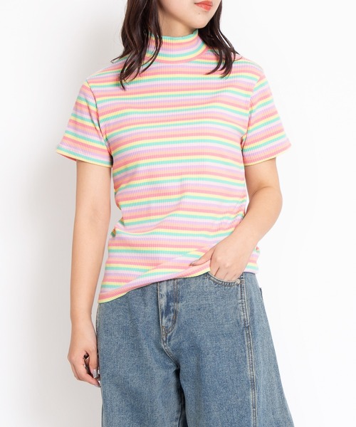 PUNYUS（プニュズ）の「マルチボーダーハイネックリブＴシャツ（Tシャツ/カットソー・レディース・ブルー/グリーン/ピンク・1/2/3/4）」の11枚目の写真
