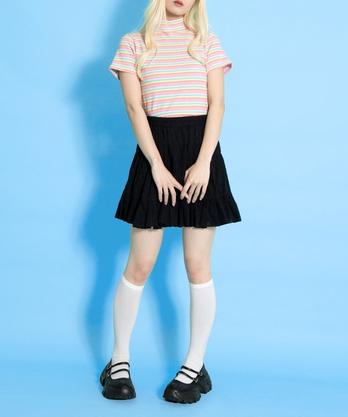 PUNYUS（プニュズ）の「マルチボーダーハイネックリブＴシャツ（Tシャツ/カットソー・レディース・ブルー/グリーン/ピンク・1/2/3/4）」の15枚目の写真